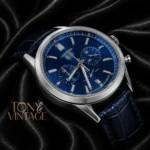 Chronograph Silver Case with Blue Dial and Leather Strap Watch