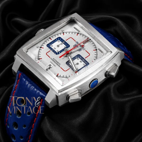 Chronograph Silver Case with White Dial and Blue Dotted Leather Strap Watch