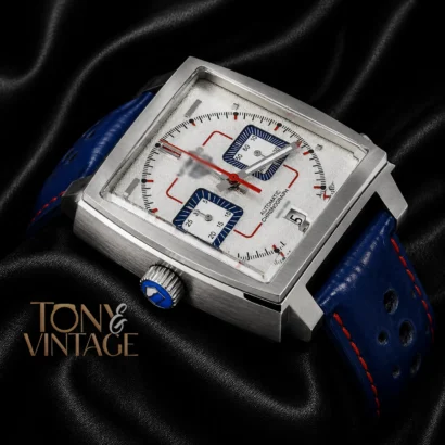 Chronograph Silver Case with White Dial and Blue Dotted Leather Strap Watch