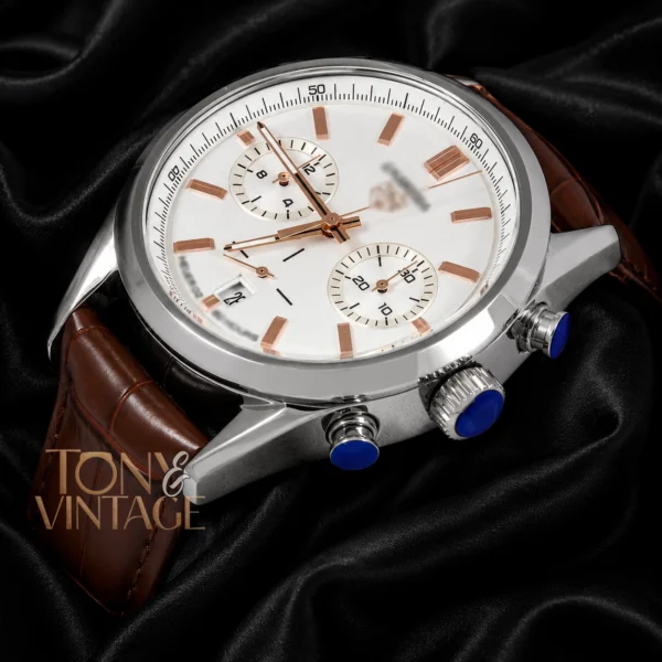 Chronograph Silver Case with White Dial and Dark Brown Leather Strap