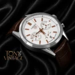 Chronograph Silver Case with White Dial and Dark Brown Leather Strap