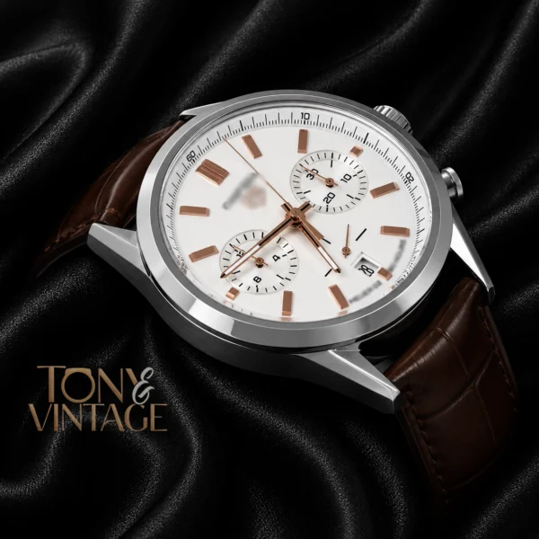 Chronograph Silver Case with White Dial and Dark Brown Leather Strap2 copy