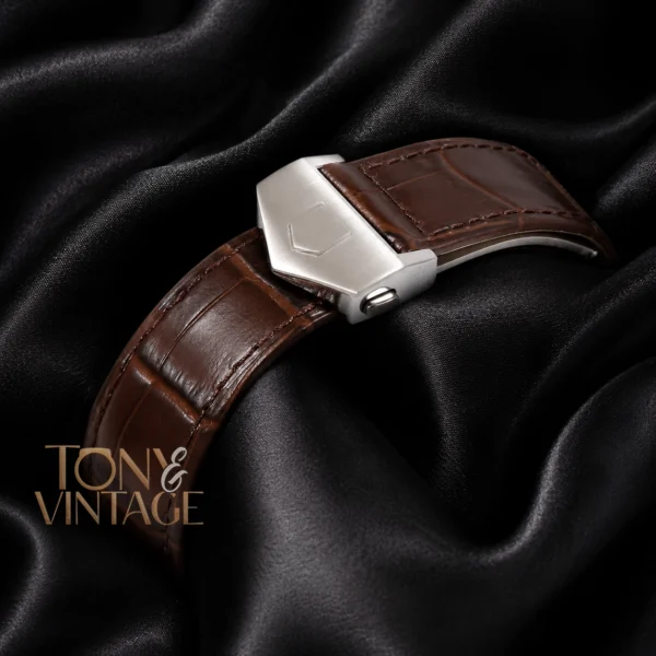 Chronograph Silver Case with White Dial and Dark Brown Leather Strap