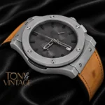 Chronograph Silver Matt Watch with Gray Dial and Brown Velvet Strap