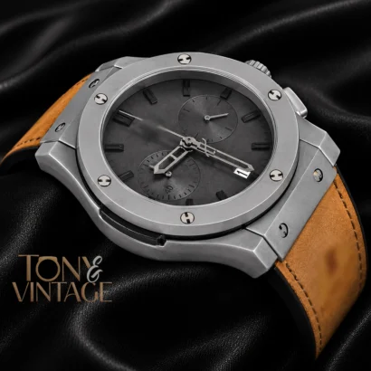 Chronograph Silver Matt Watch with Gray Dial and Brown Velvet Strap