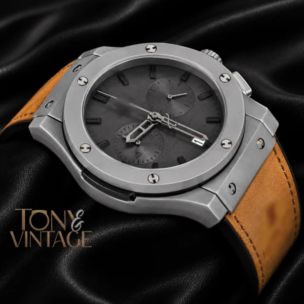 Chronograph Silver Matt Watch with Gray Dial and Brown Velvet Strap 2 copy