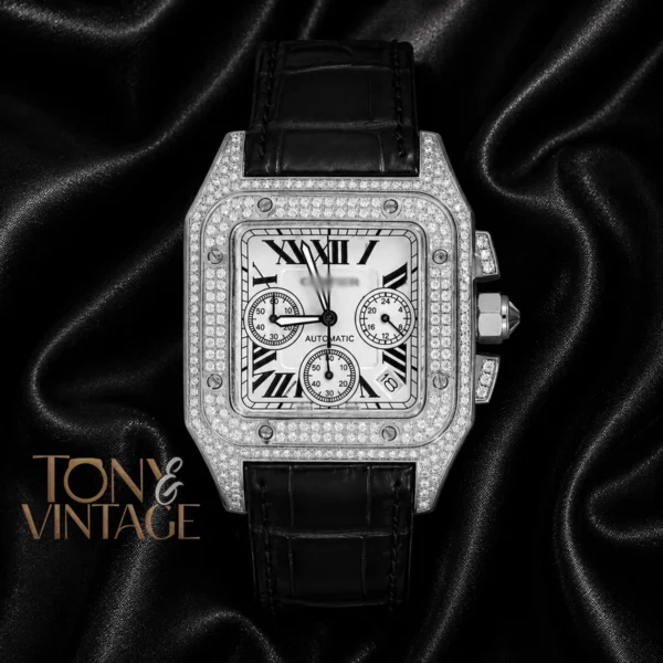 Chronograph Silver Stone Case with White Dial and Black Leather Strap