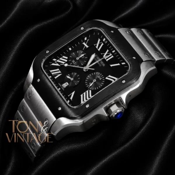 Chronograph Silver Watch With Black Dial and Bezel Chain
