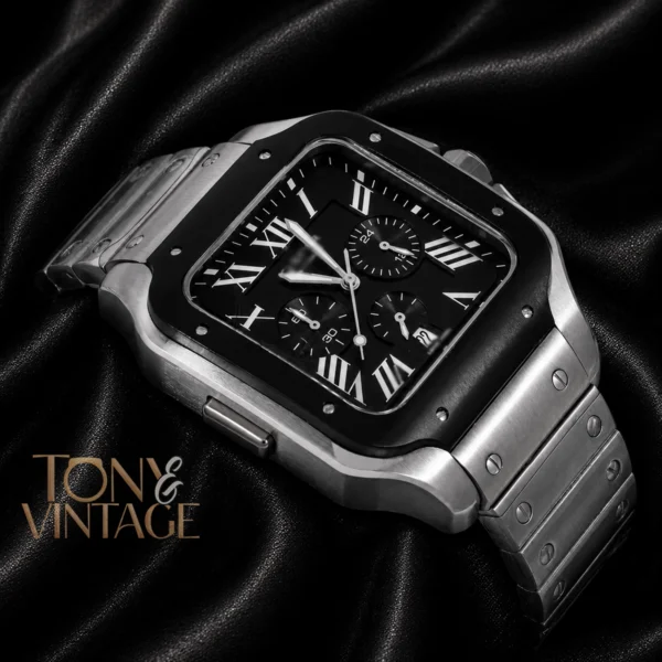 Chronograph Silver Watch With Black Dial and Bezel Chain 2 copy