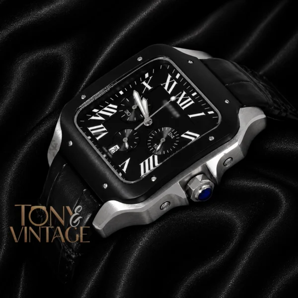 Chronograph Silver Watch With Black Dial and Bezel Strap