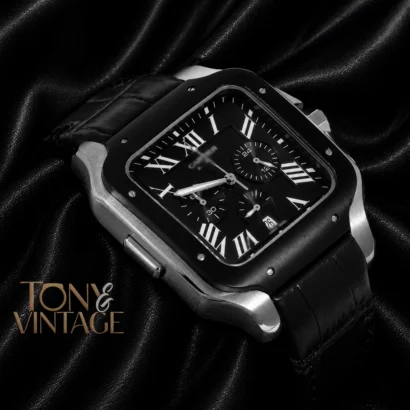 Chronograph Silver Watch With Black Dial and Bezel Strap