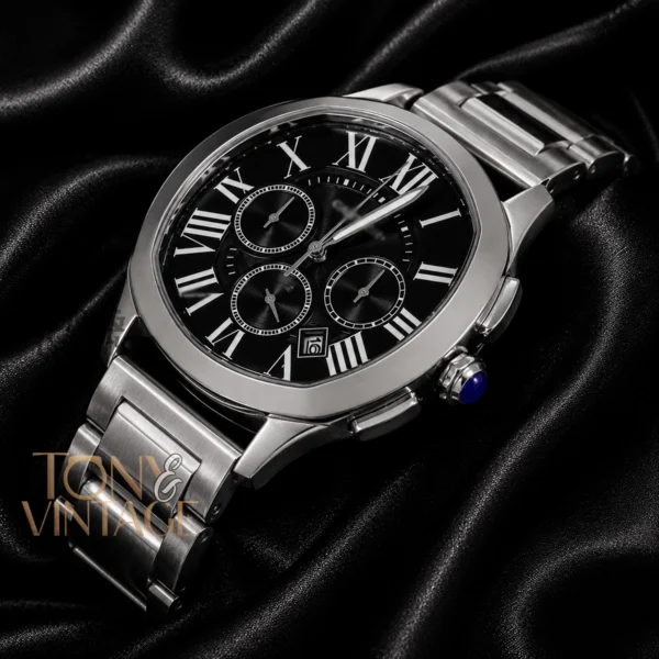 Chronograph Silver Watch With Black Dial and Chain Strap