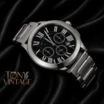 Chronograph Silver Watch With Black Dial and Chain Strap