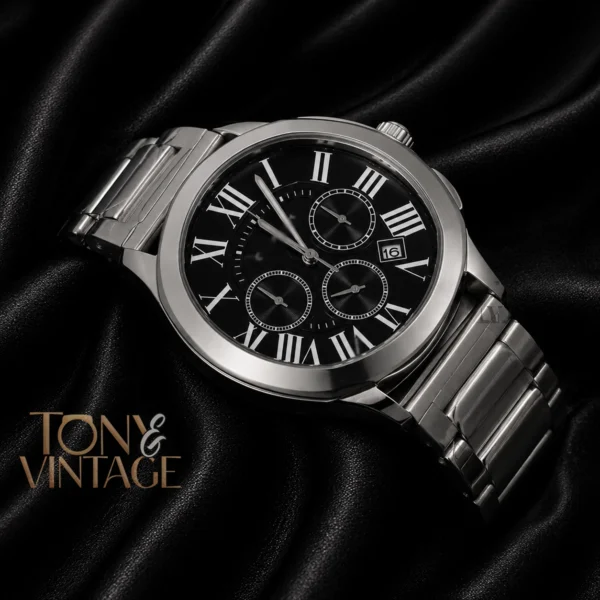 Chronograph Silver Watch With Black Dial and Chain Strap 2 copy