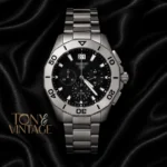 Chronograph Silver Watch with Black Dial and Chain