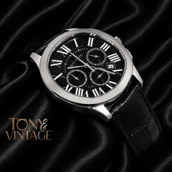 Chronograph Silver Watch With Black Dial and Leather Strap 2 copy