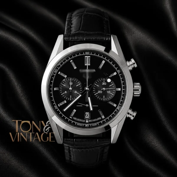 Chronograph Silver Watch With Black Dial and Leather Strap copy