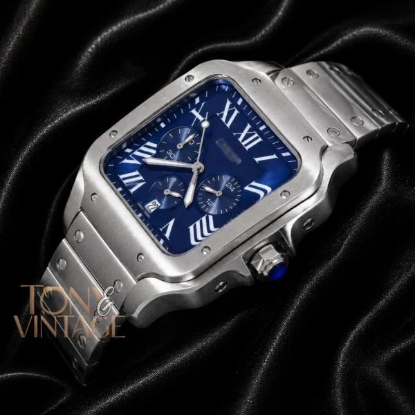 Chronograph Silver Watch With Blue Dial and Chain