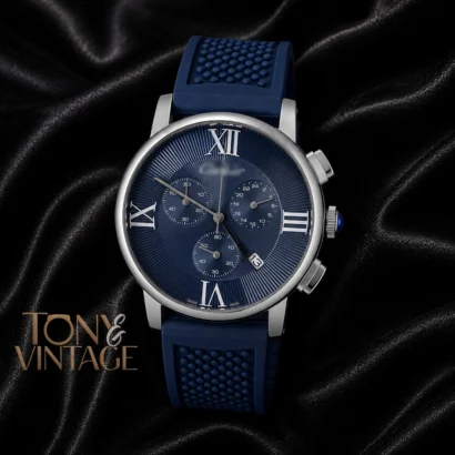Chronograph Silver Watch With Blue Dial and PVC Strap