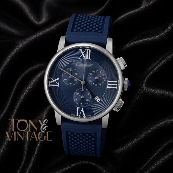 Chronograph Silver Watch With Blue Dial and PVC Strap copy