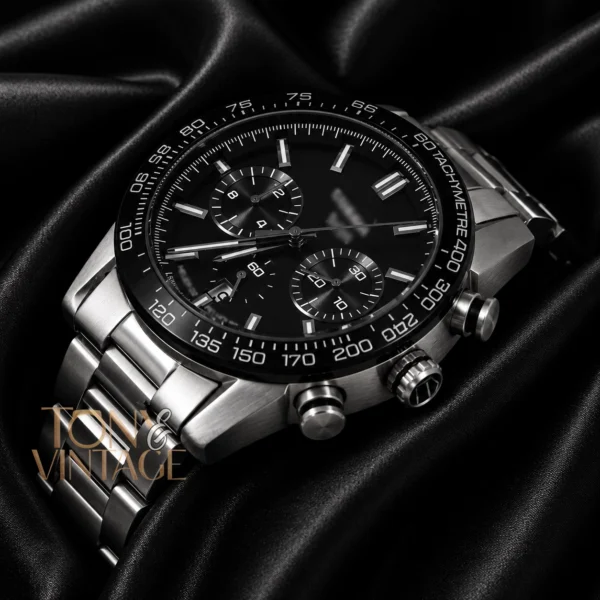 Chronograph Silver Watch with Black Dial & Bezel