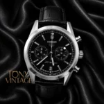 Chronograph Silver Watch with Black Dial and Leather Strap