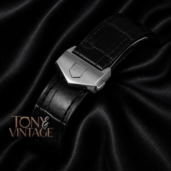 Chronograph Silver Watch with Black Dial and Leather Strap