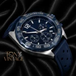 Chronograph Silver Watch with Blue Dial, Bezel, and Rubber Strap