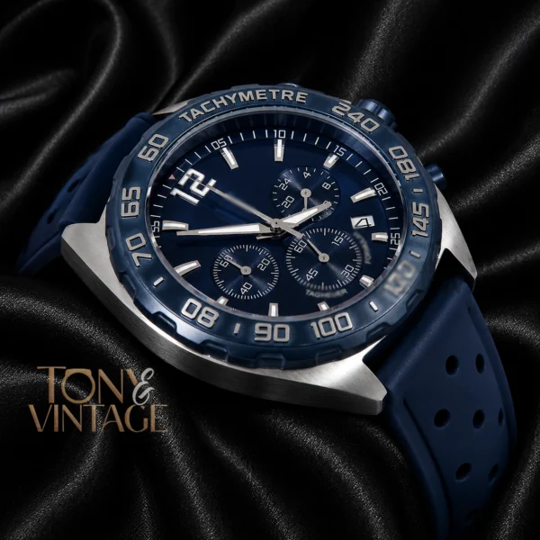 Chronograph Silver Watch with Blue Dial, Bezel, and Rubber Strap2 copy