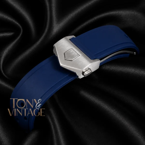 Chronograph Silver Watch with Blue Dial, Bezel, and Rubber Strap