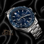 Chronograph Silver Watch with Blue Dial and Bezel