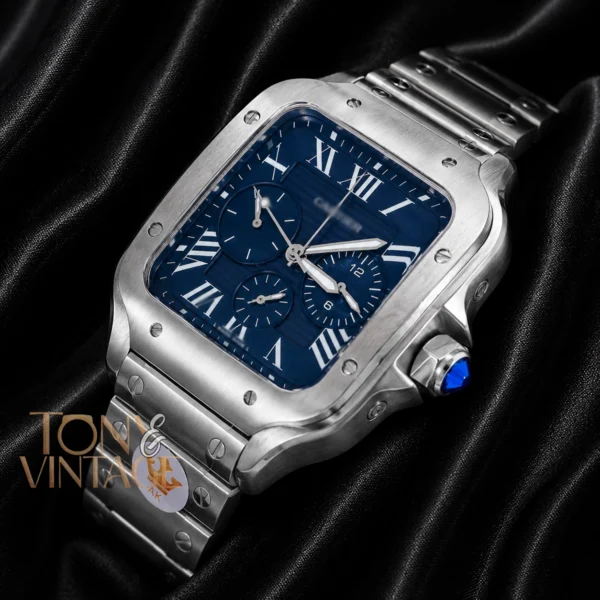 Chronograph Silver Watch with Blue Dial and Chain Strap