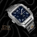 Chronograph Silver Watch with Blue Dial and Chain Strap