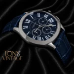 Chronograph Silver Watch with Blue Dial and Leather Strap
