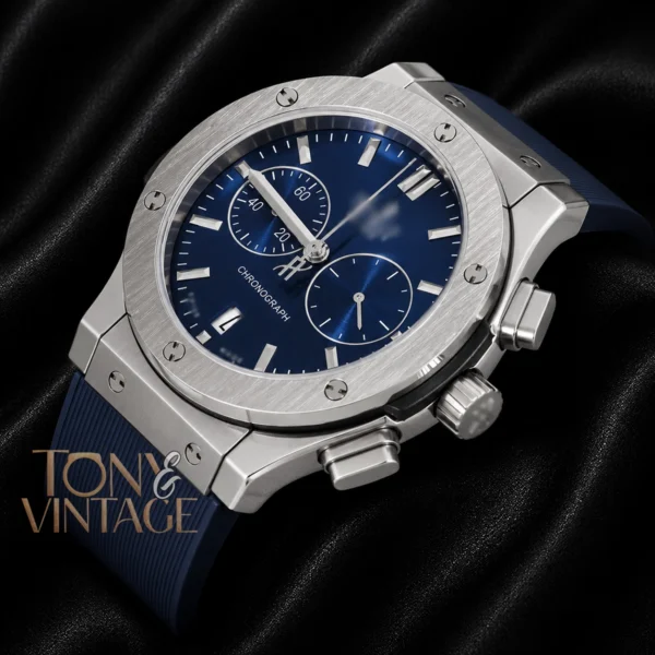 Chronograph Silver Watch with Blue Dial and PVC Strap