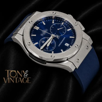 Chronograph Silver Watch with Blue Dial and PVC Strap