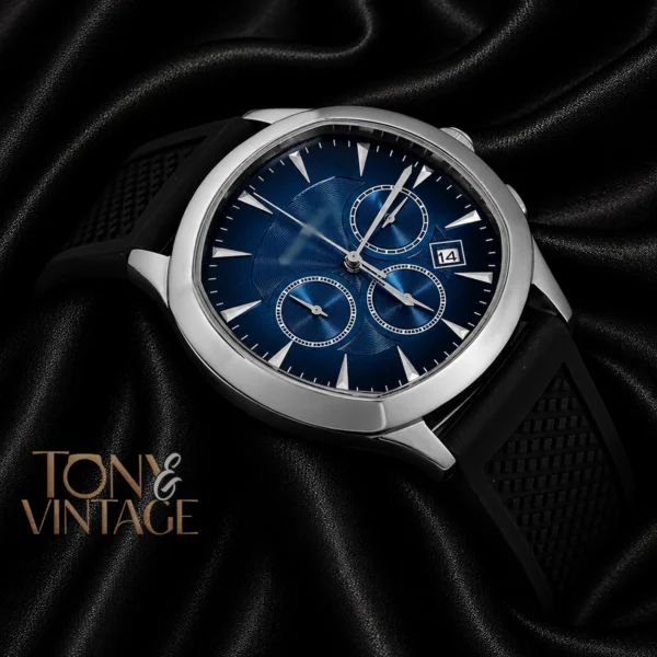 Chronograph Silver Watch with Blue Dial and Rubber Strap 2 copy