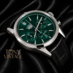 Chronograph Silver Watch with Green Dial and Black Leather Strap