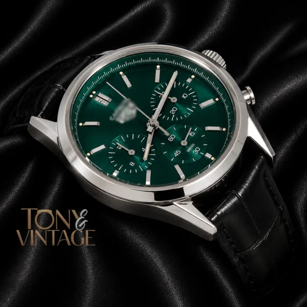 Chronograph Silver Watch with Green Dial and Black Leather Strap2 copy