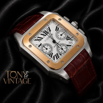 Chronograph Silver Watch with White Dial and Brown Leather Strap
