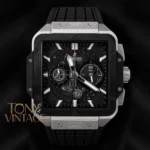 Chronograph Square Silver Watch With Grey Skeleton Dial and Black PVC Strap