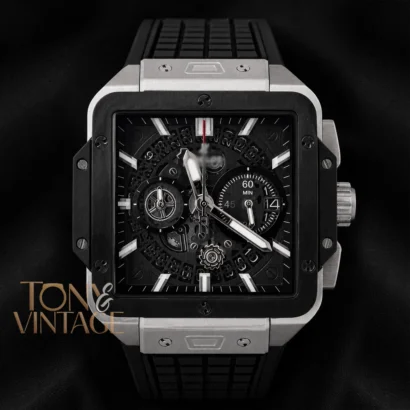 Chronograph Square Silver Watch With Grey Skeleton Dial and Black PVC Strap