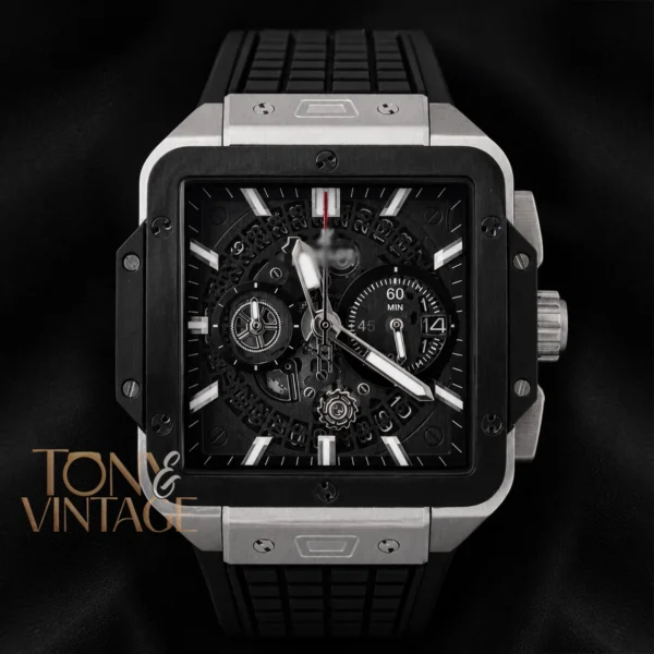 Chronograph Square Silver Watch With Grey Skeleton Dial and Black PVC Strap 1 copy