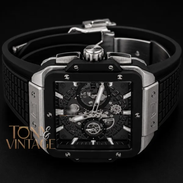 Chronograph Square Silver Watch With Grey Skeleton Dial and Black PVC Strap