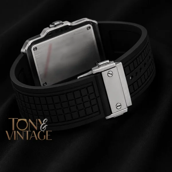 Chronograph Square Silver Watch With Grey Skeleton Dial and Black PVC Strap