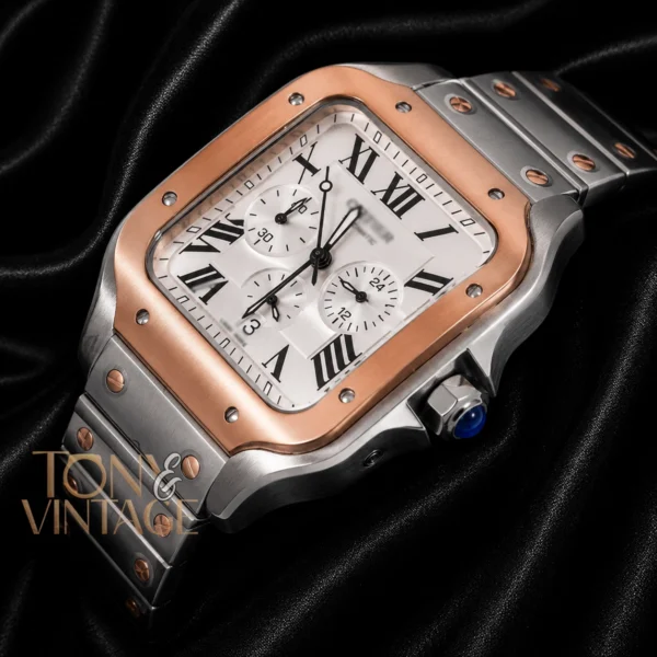 Chronograph Two Tone Rose Gold Watch With Silver Dial and Chain