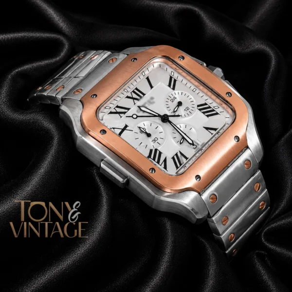 Chronograph Two Tone Rose Gold Watch With Silver Dial and Chain 2 copy