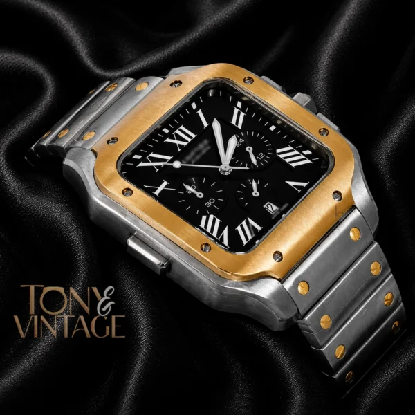 Chronograph Two Tone Yellow Gold Watch With Black Dial and Chain 2 copy
