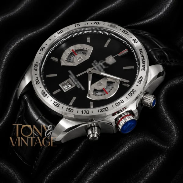 Chronograph Watch with Black Dial and Black Leather Strap