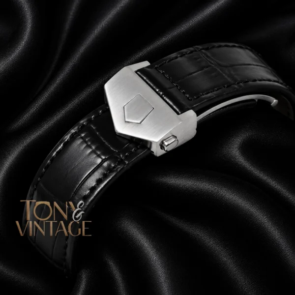 Chronograph Watch with Black Dial and Black Leather Strap